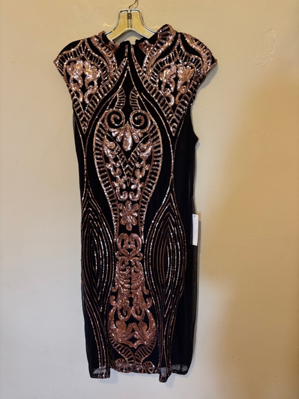 VENUS Black Midi Dress with Rose Gold Sequin Detailing
